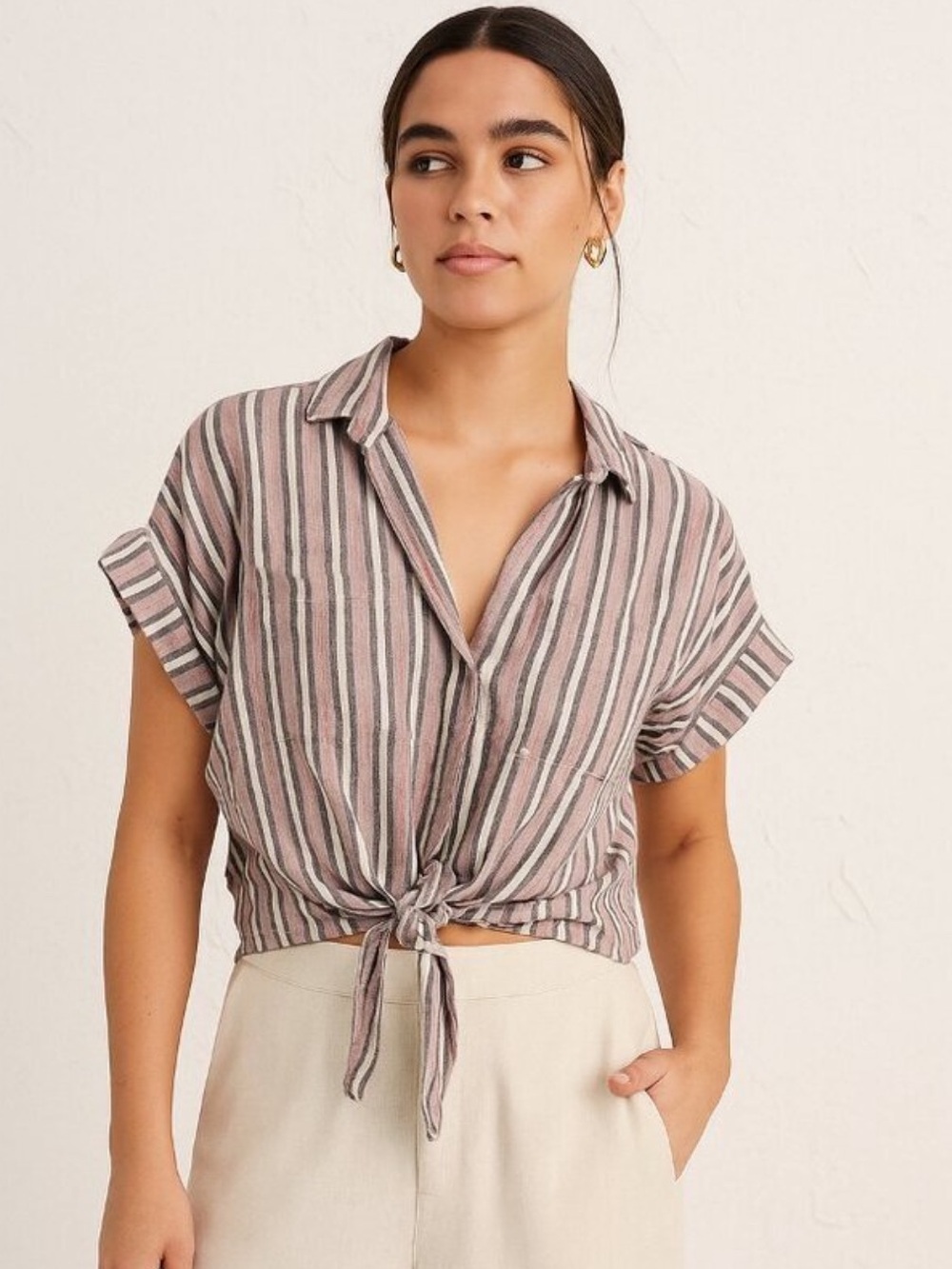 Cloth & Stone Striped Linen Blend Tie-Front Crop Collared Button Up Shirt S